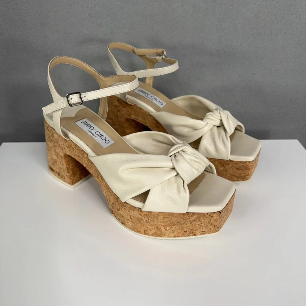 Jimmy Choo Sandals Womens Size 39.5 Heloise Wedge 95 Leather Cork Platform
